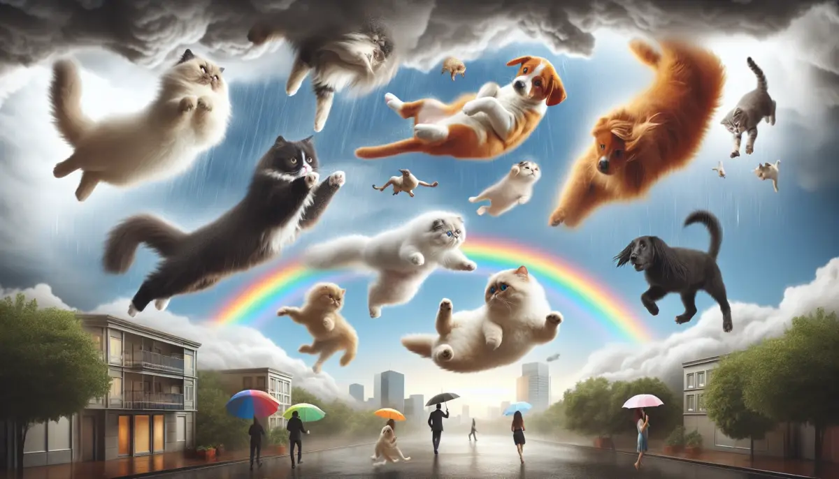 What are idioms: raining cats and dogs illustration
